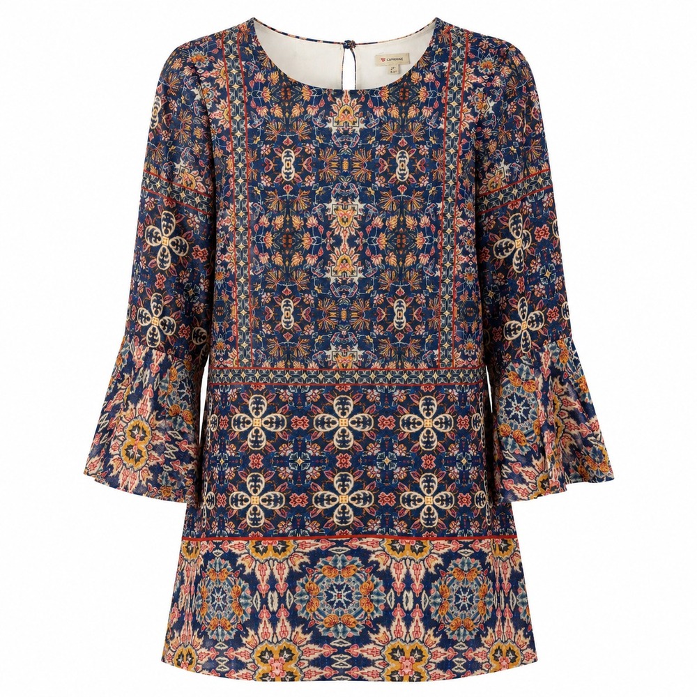 Boho Revival Paisley Shift Dress Womens Sizeโ 2 Bell Sleeve Medallion Festival